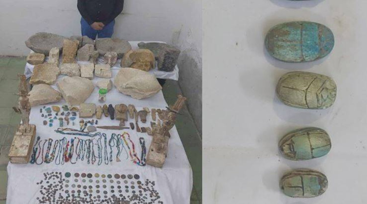 مجموعة من القطع الأثرية المضبوطة في أسيوط بجنوب مصر (وزارة الداخلية المصرية)