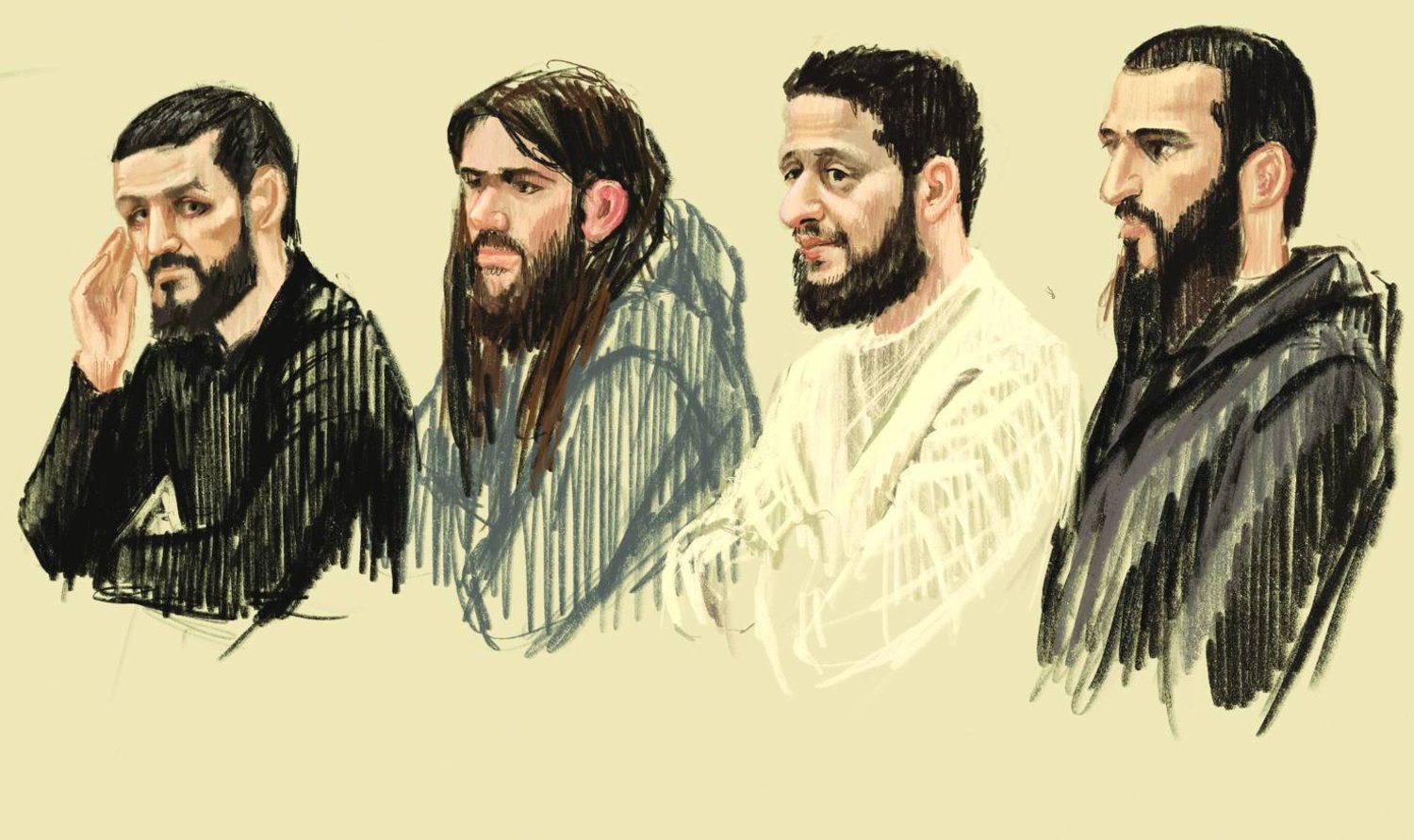 رسم لمحمد عبريني وآخرين أثناء محاكمتهم على خلفية هجمات بروكسل 2016 (أ.ب)