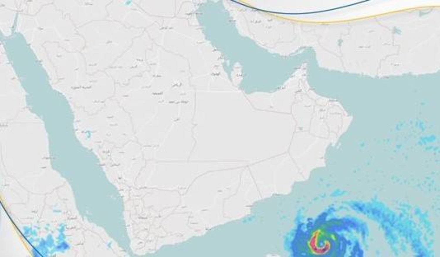 خريطة نشرها «المركز السعودي للأرصاد» توضح المكان المحتمل لتشكل الحالة المدارية في بحر العرب