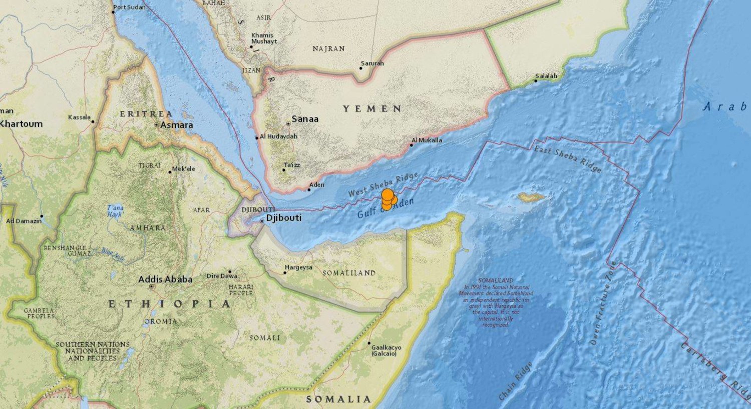 خريطة نشرتها هيئة المسح الجيولوجي الأميركي لعدة هزات أرضية ضربت خليج عدن اليوم