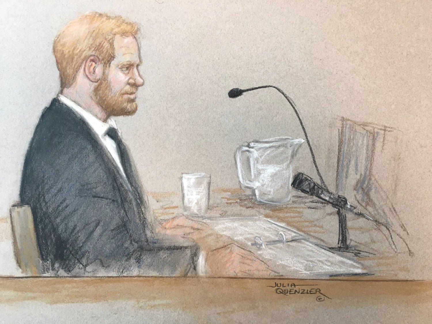 رسم للأمير هاري وهو يدلي بشهادته في المحكمة (رويترز)