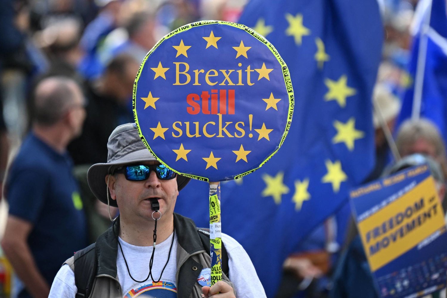متظاهر يحمل لافتة مناهضة لخروج بريطانيا من الاتحاد الأوروبي خلال مسيرة تطالب بانضمام المملكة المتحدة إلى الاتحاد الأوروبي في وسط لندن (وكالة الصحافة الفرنسية)