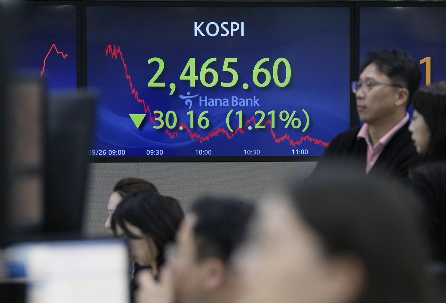 متداولون يتابعون حركة الأسهم على مؤشر كوسبي في بورصة كوريا الجنوبية (أ.ب)