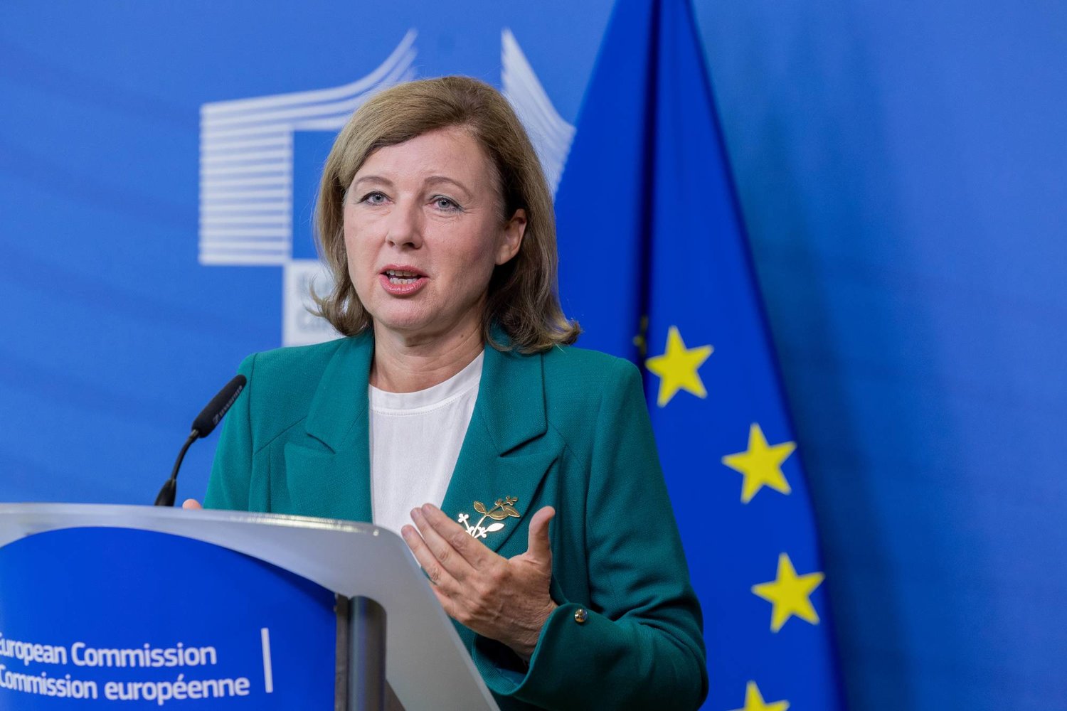نائبة رئيسة المفوضية الأوروبية فيرا يوروفا تتحدث في بروكسل (د.ب.أ)