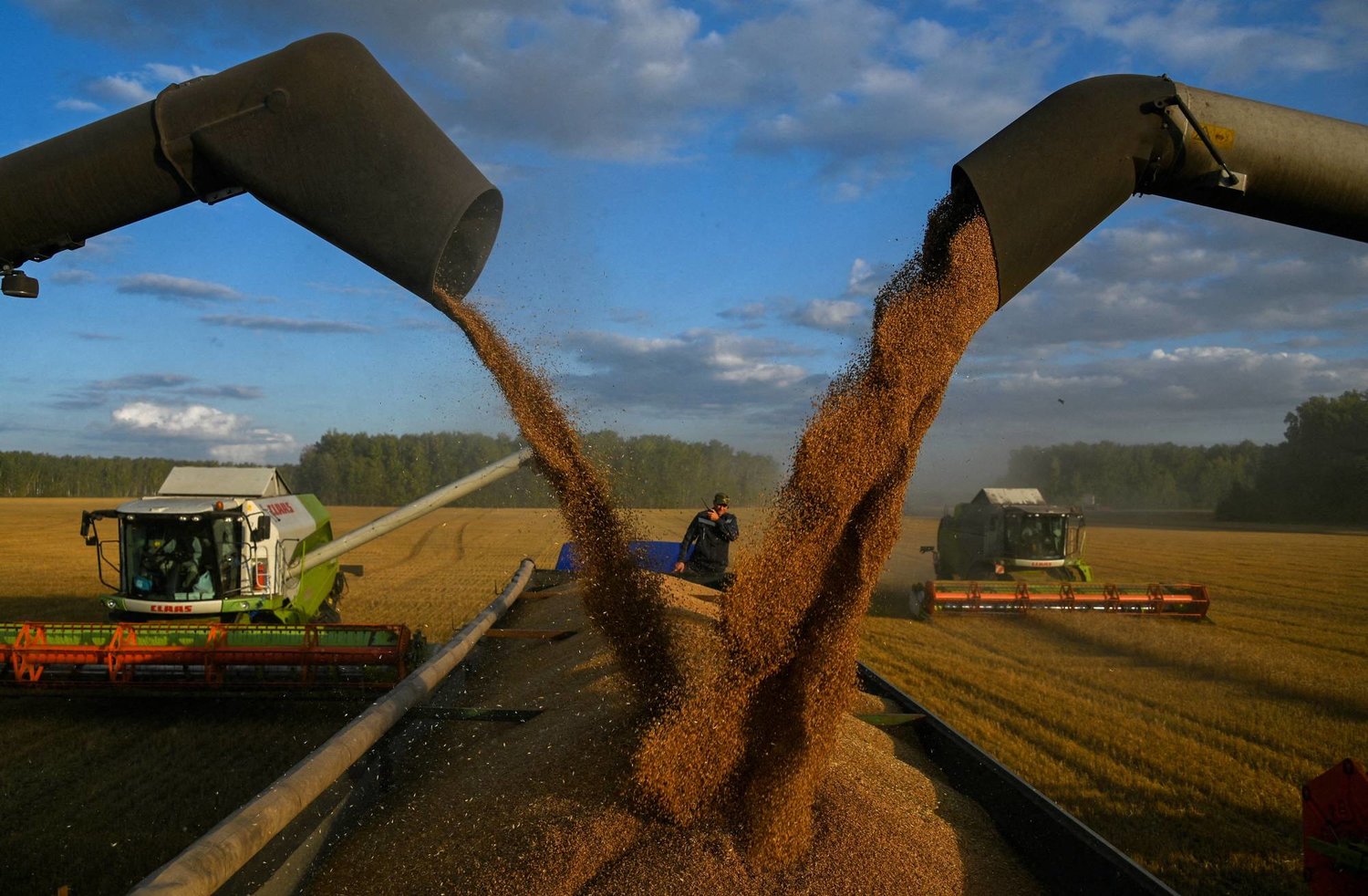 ماكينات حصد القمح في أحد الحقول في إقليم أومسك الروسي (رويترز)