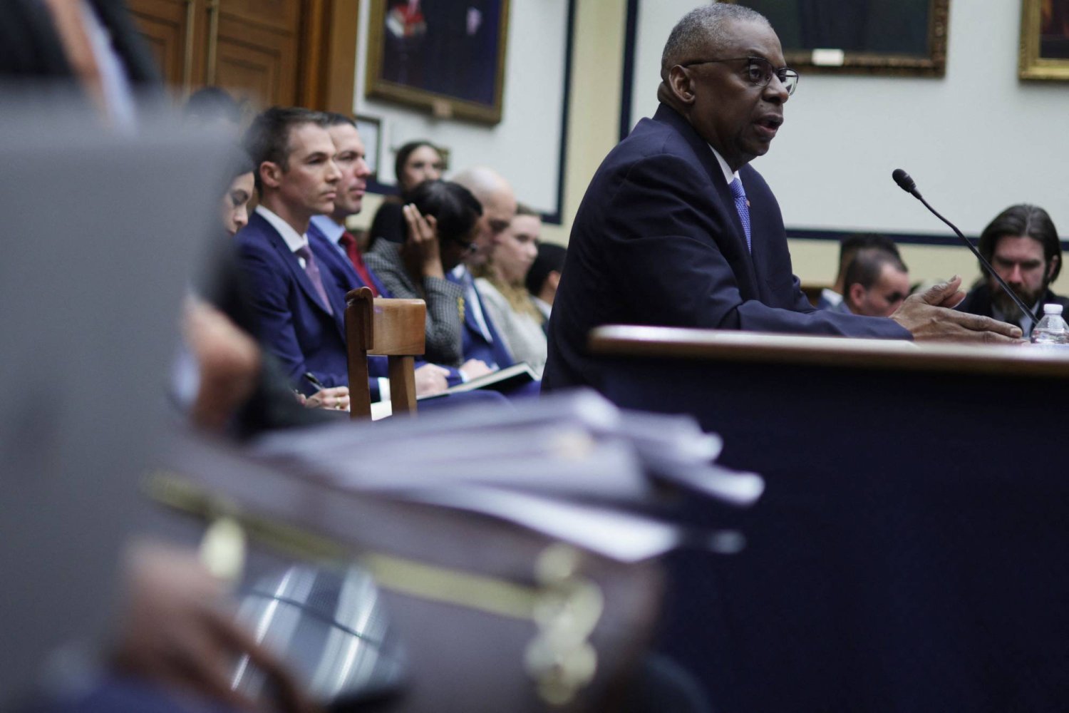 وزير الدفاع الأميركي لويد أوستن خلال جلسة استماع أمام لجنة القوات المسلحة في مجلس النواب الخميس (أ.ف.ب)