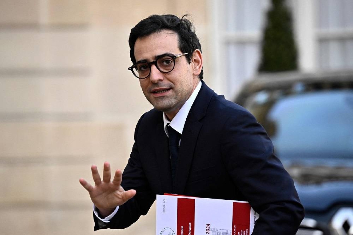 French Foreign and European Affairs Minister Stephane Sejourne arrives for a Defense council at the presidential Elysee Palace in Paris, on January 24, 2024. (AFP)