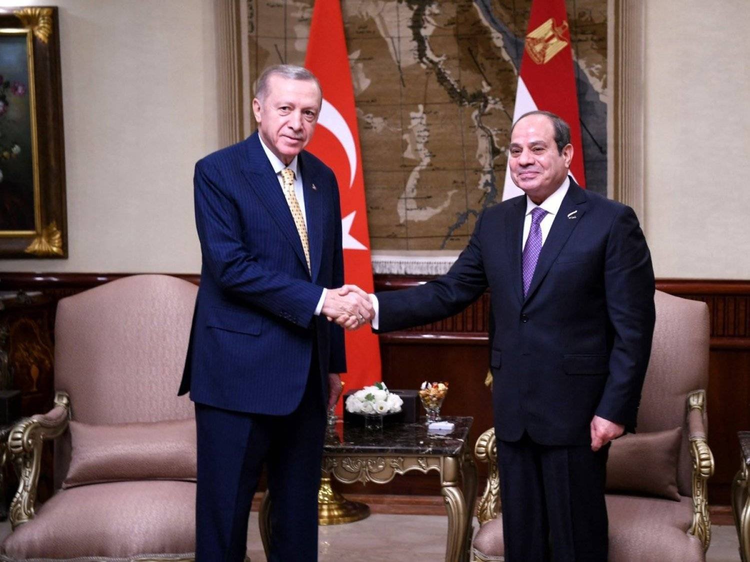 الرئيس المصري يصافح نظيره التركي لدى زيارته القاهرة في فبراير الماضي (أ.ف.ب)