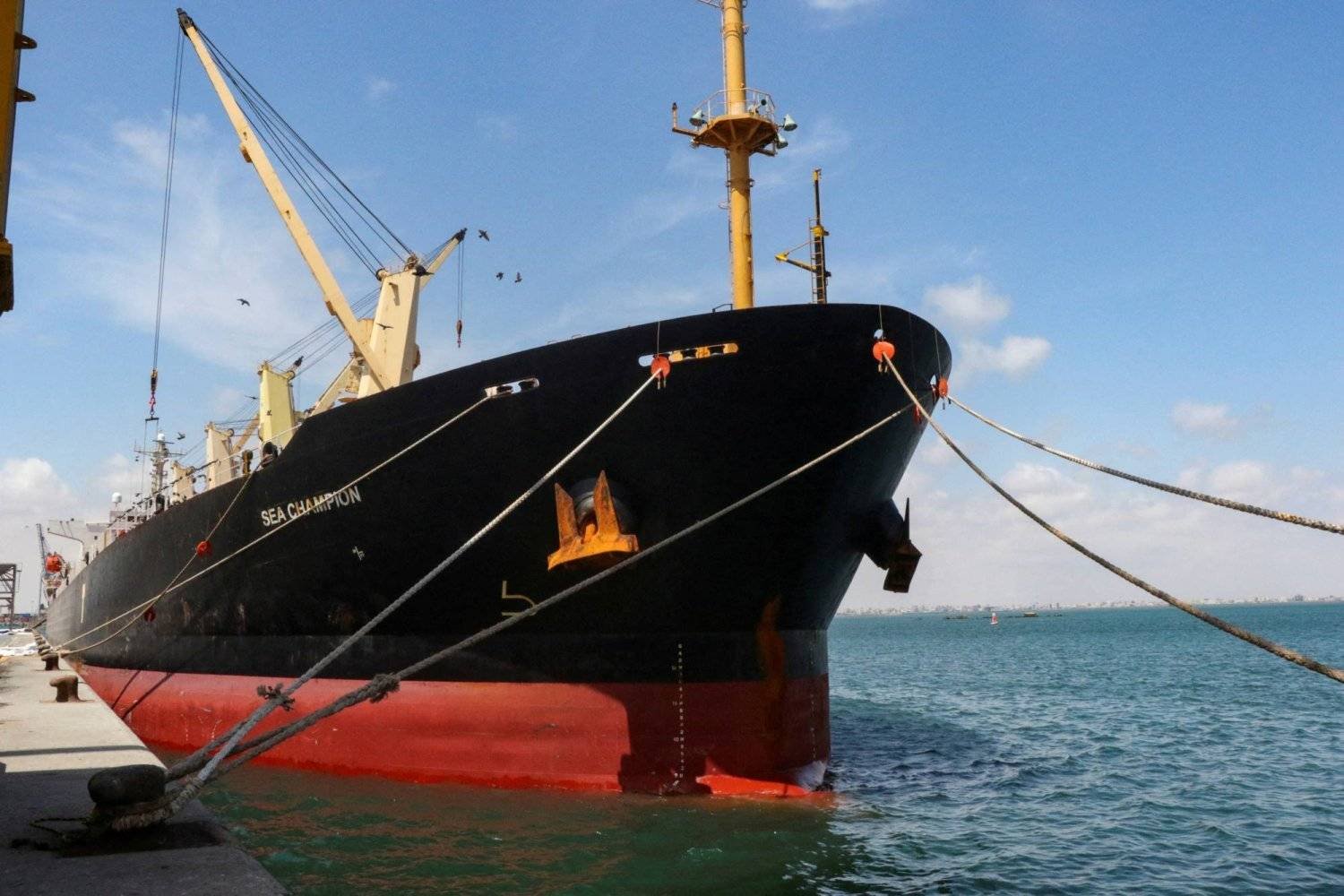 سفينة شحن ترفع العلم اليوناني رست في ميناء عدن  الذي وصلت إليه بعد تعرضها لهجوم في البحر الأحمر الشهر الماضي (رويترز)