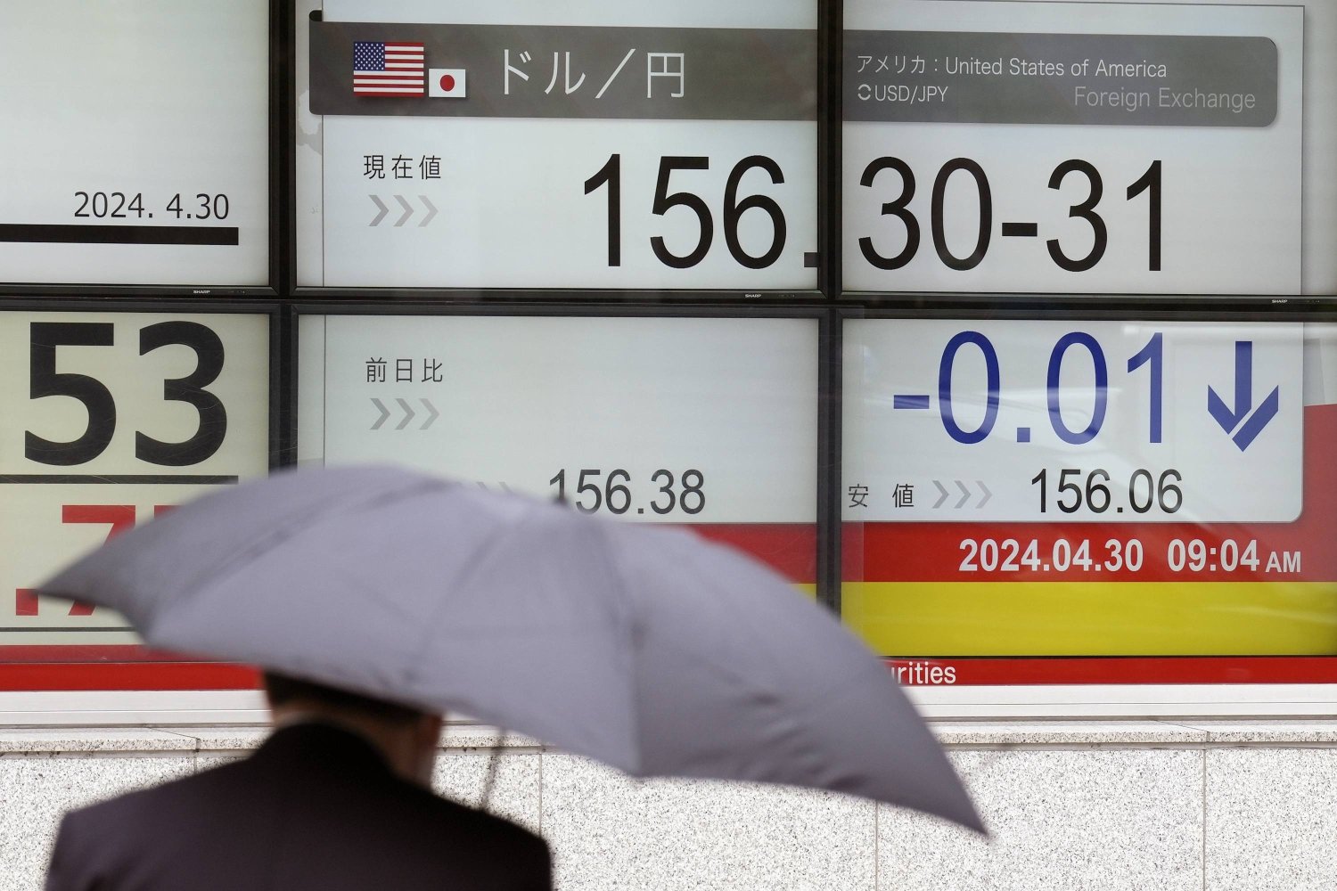 رجل بمظلة يمر أمام شاشة في أحد شوارع العاصمة اليابانية طوكيو تعرض سعر الين مقابل الدولار (أ.ب)