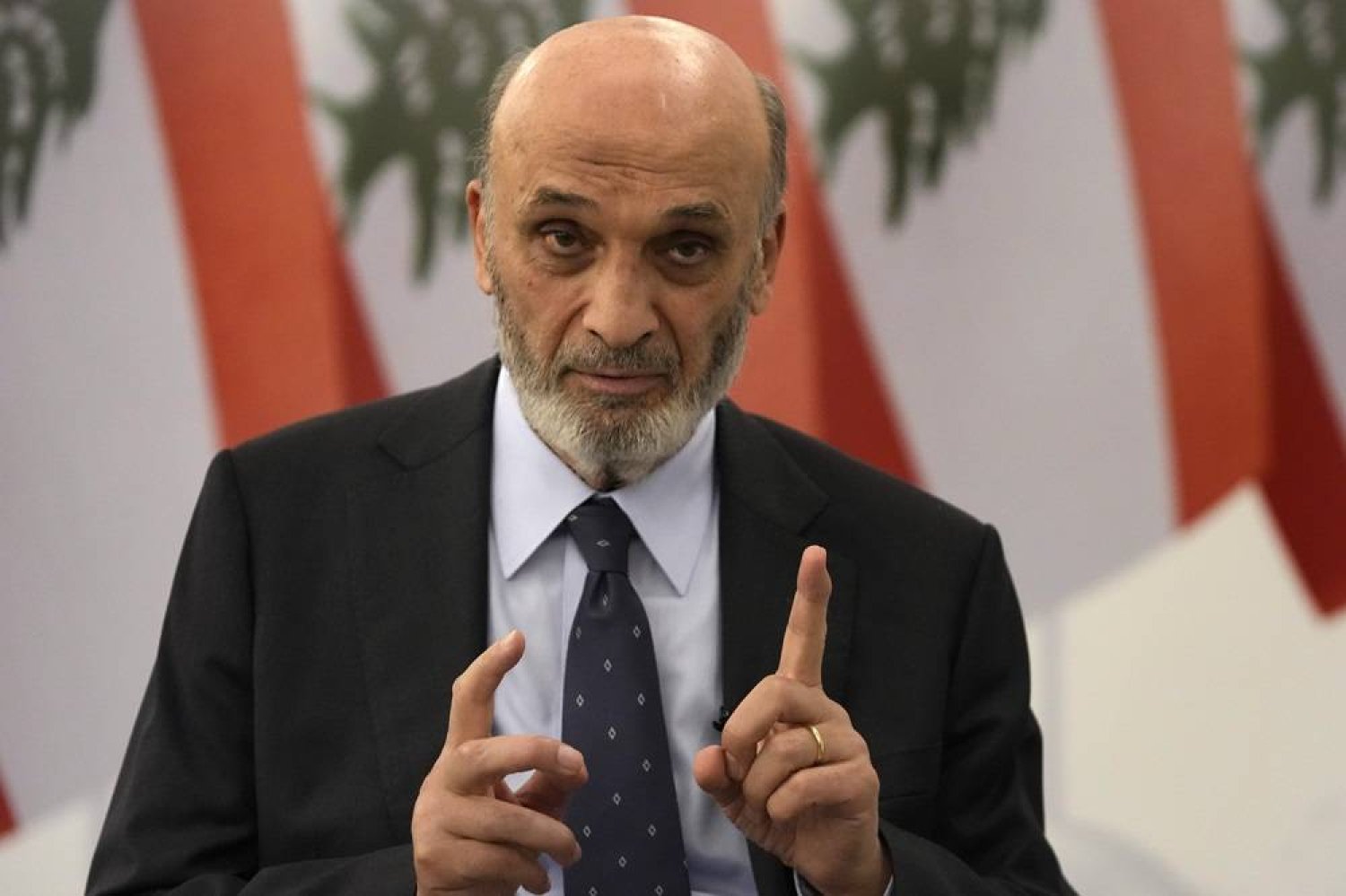 Samir Geagea, leader of the Lebanese Forces party, gestures as he speaks during an interview with the Associated Press, in Maarab east of Beirut, Tuesday, April 30, 2024. (AP) 