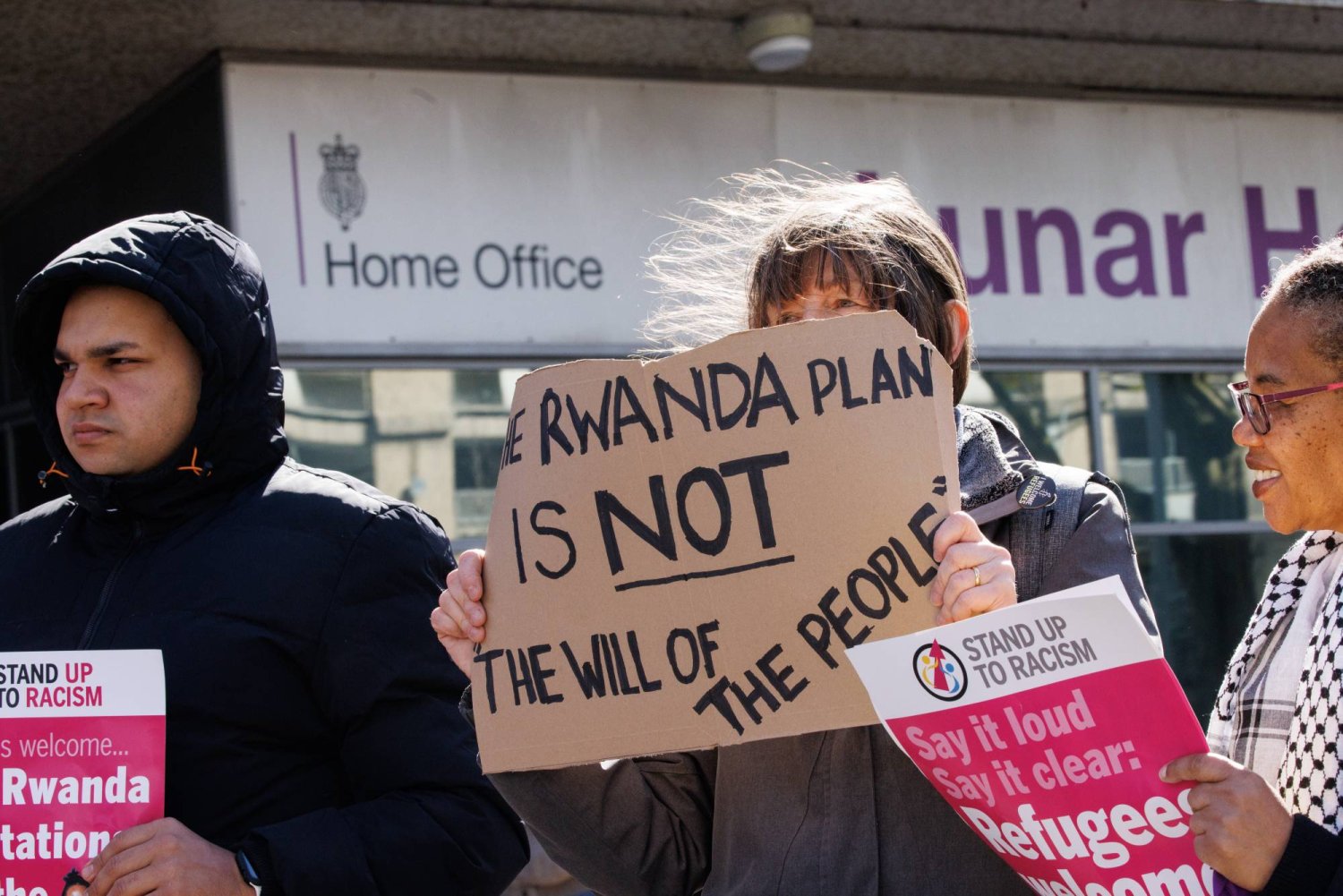 Campaigners protest against the British government's Rwanda deportation scheme outside a Home Office immigration reporting center in Croydon, south London, Britain, 29 April 2024. EPA/TOLGA AKMEN