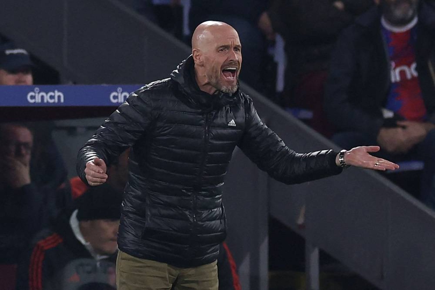Manchester United's Dutch manager Erik ten Hag gestures on the touchline during the English Premier League football match between Crystal Palace and Manchester United at Selhurst Park in south London on May 6, 2024. (AFP)