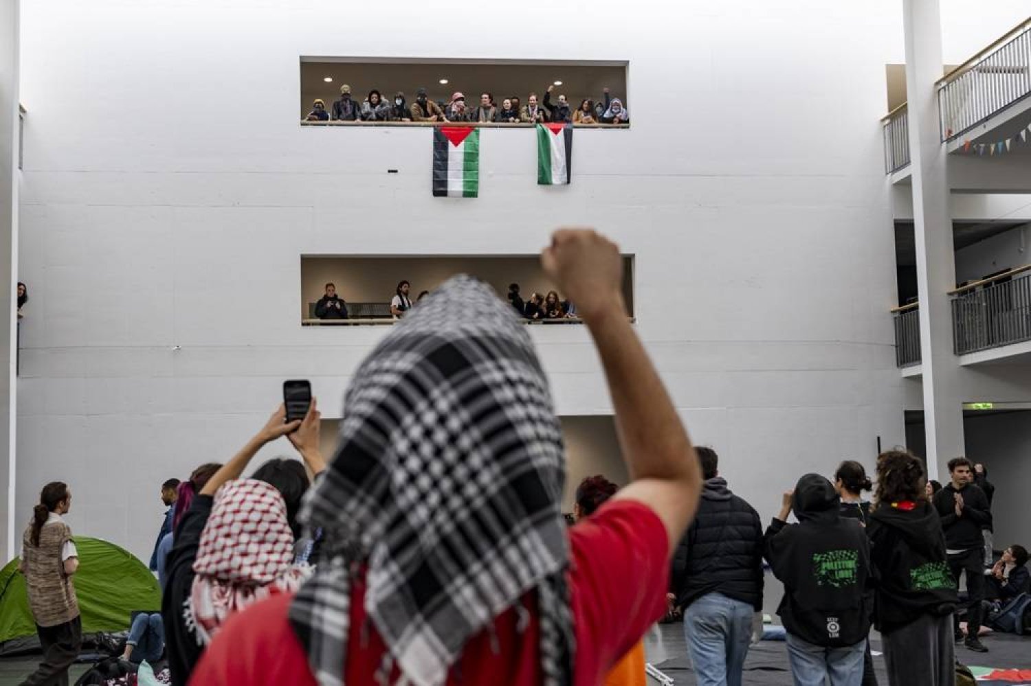 Pro-Palestinian students occupy part of the SG building of the Swiss Federal Institute of Technology of Lausanne (EPFL) in Lausanne, Switzerland, 07 May 2024. (EPA)