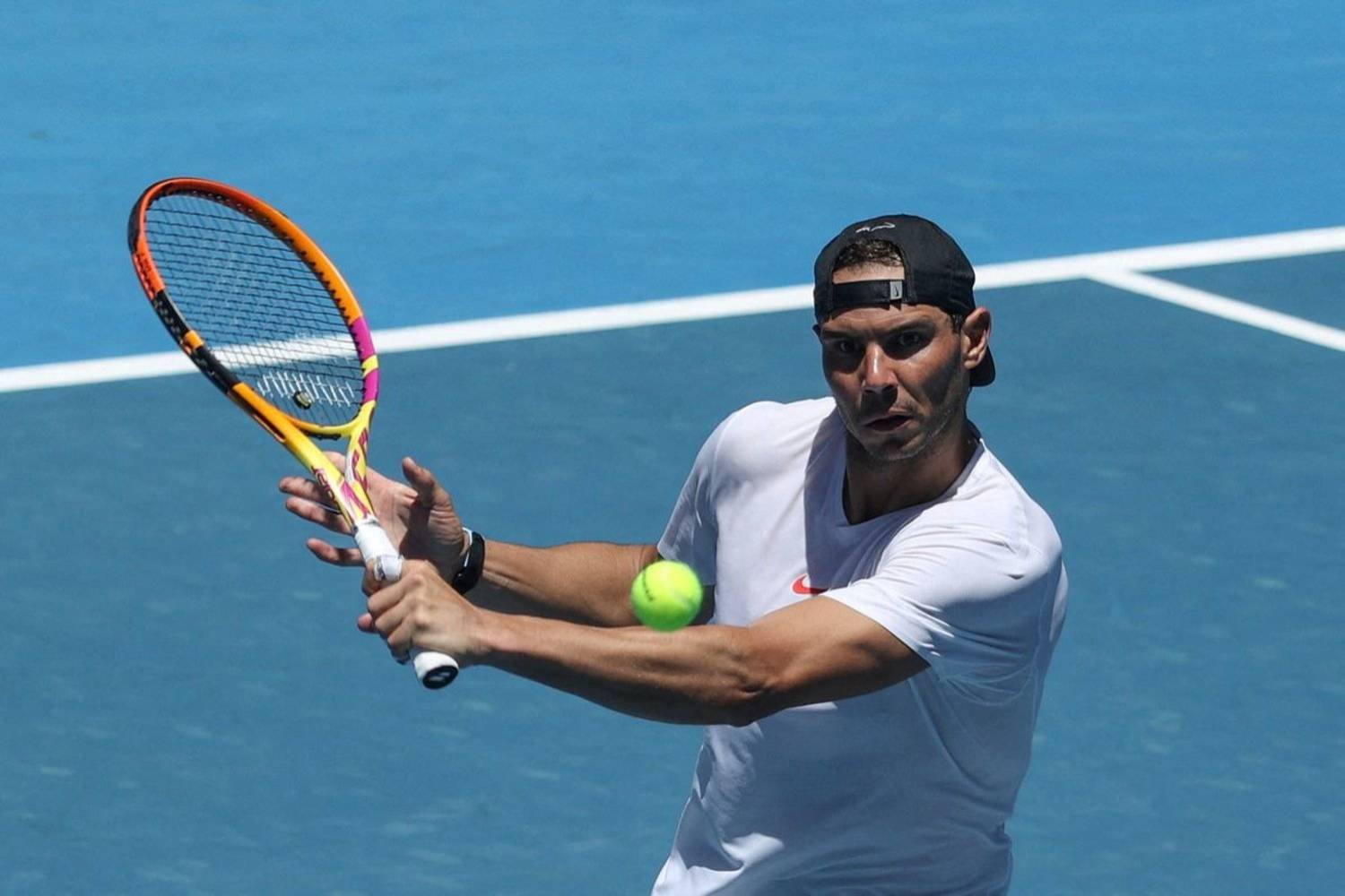 Spain's Rafael Nadal practices in the lead-up to the 2022 Australian Open tennis tournament at Melbourne Park in Melbourne, Australia, January 3, 2022. REUTERS/Loren Elliott
