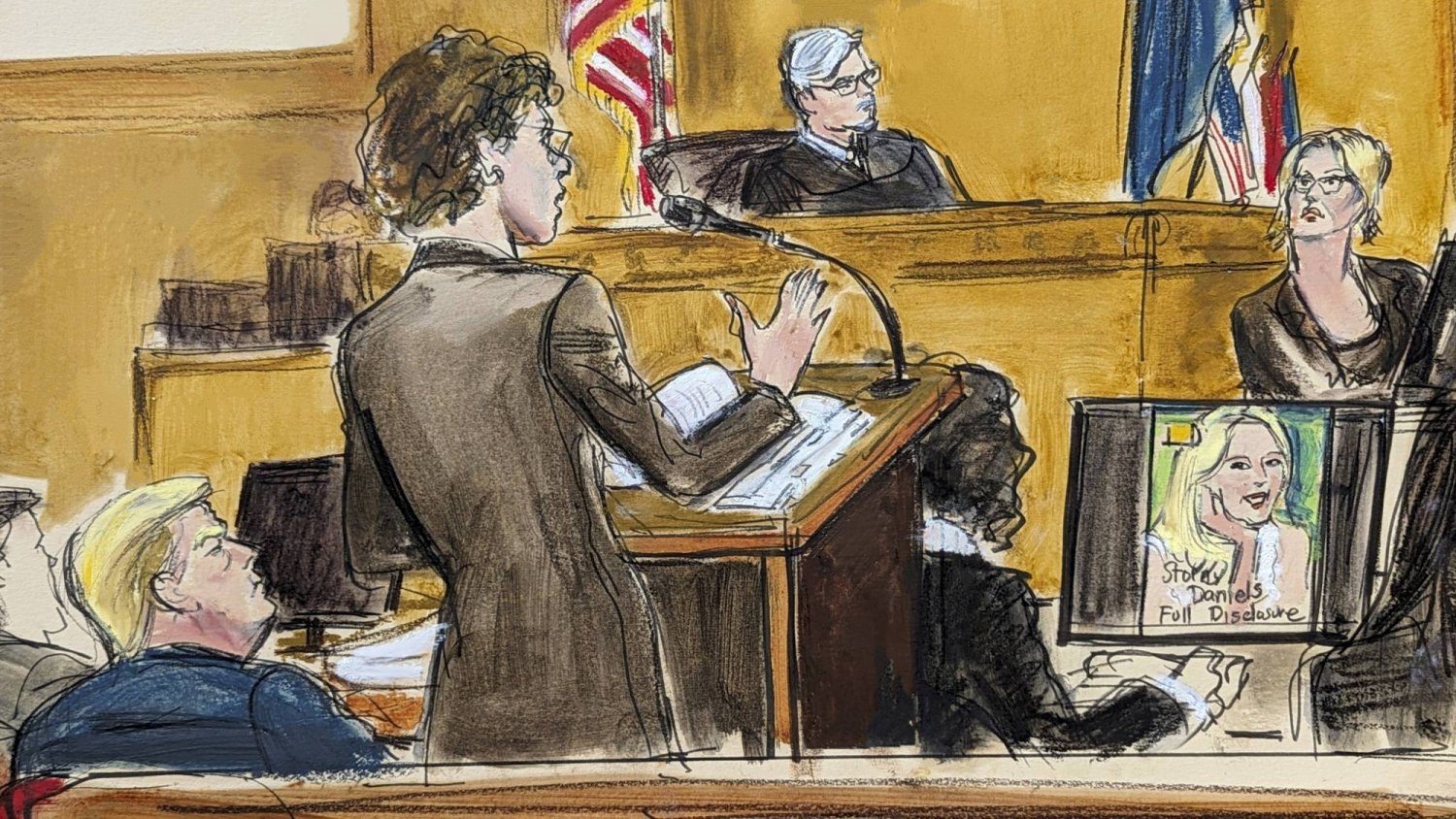 وكيلة الدفاع عن ترمب المحامية سوزان نيتشلز خلال استجوابها الممثلة الإباحية ستورمي دانيالز في محكمة الجنايات بنيويورك (أ.ف.ب)