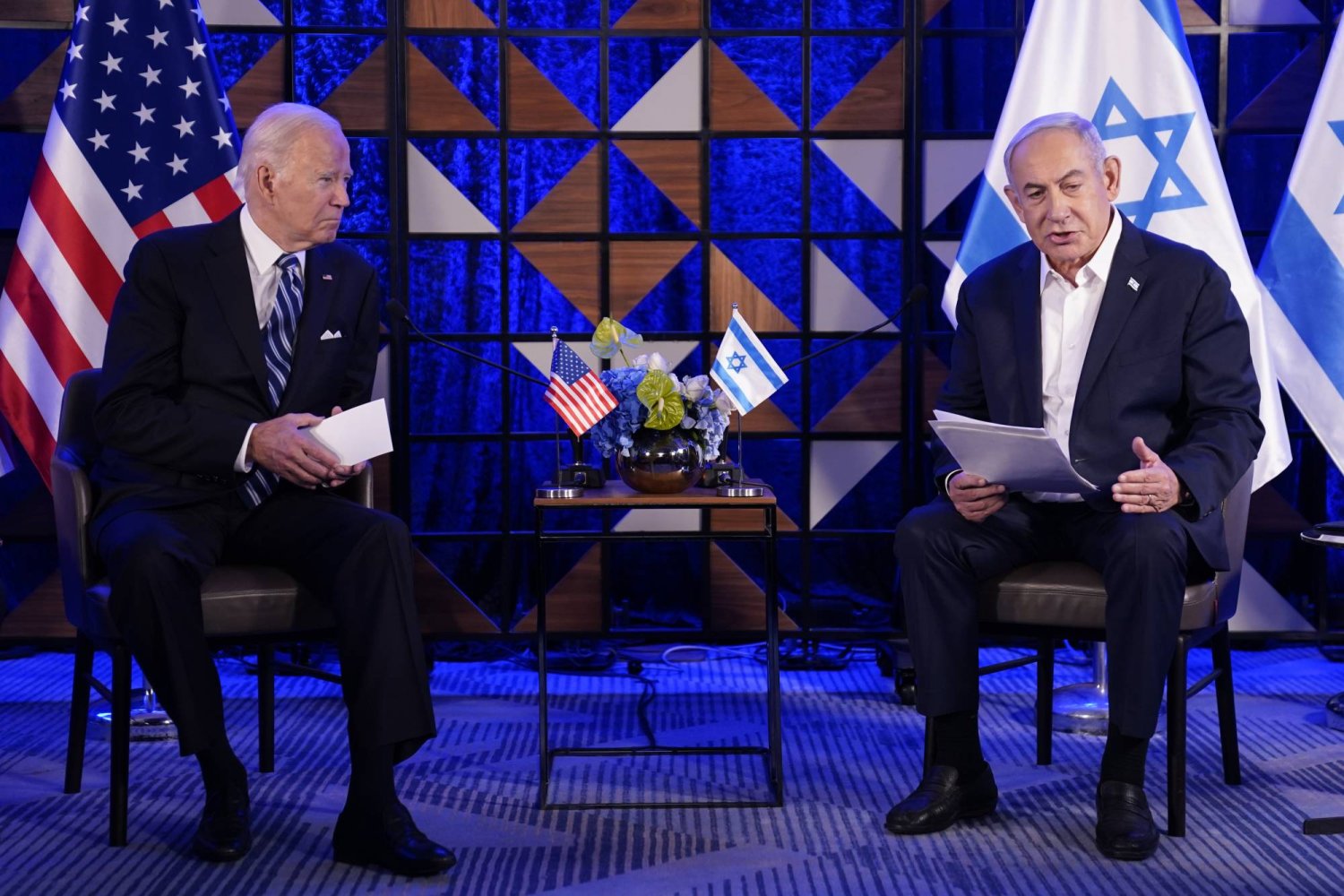 FILE - Israeli Prime Minister Benjamin Netanyahu speaks as he meets with President Joe Biden, Oct. 18, 2023, in Tel Aviv. (AP Photo/Evan Vucci, File)