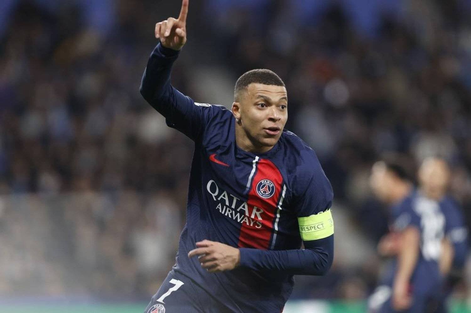 Kylian Mbappé of PSG celebrates after scoring the 0-2 goal during the UEFA Champions League Round of 16, 2nd leg soccer match between Real Sociedad and Paris Saint-Germain, in San Sebastian, Spain, 05 March 2024. (EPA)
